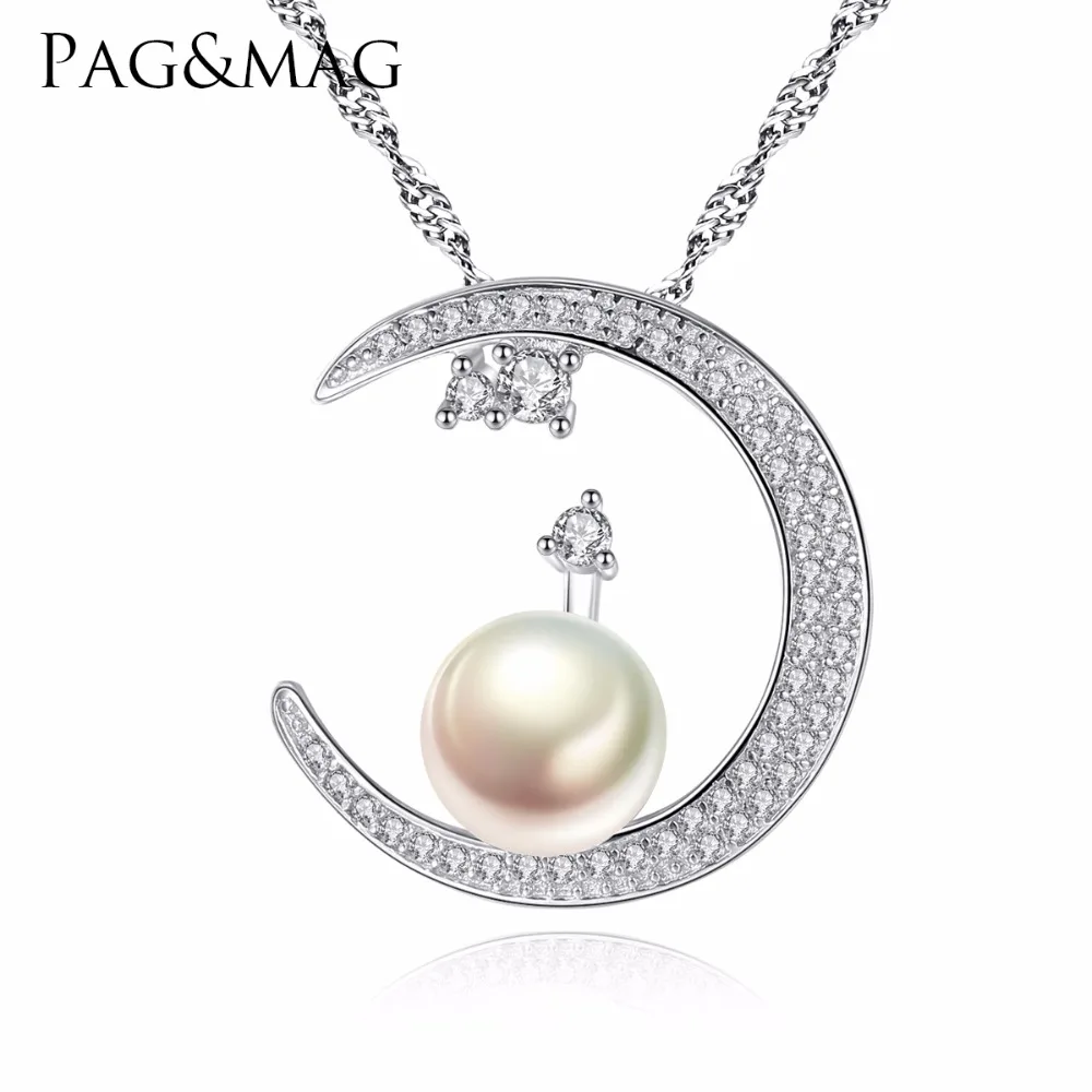 

PAG&MAG Lovely Fashion Jewelry Mounting S925 Sterling Silver Jewelry Half-Moon Shape Freshwater Pearl Pendant Necklace