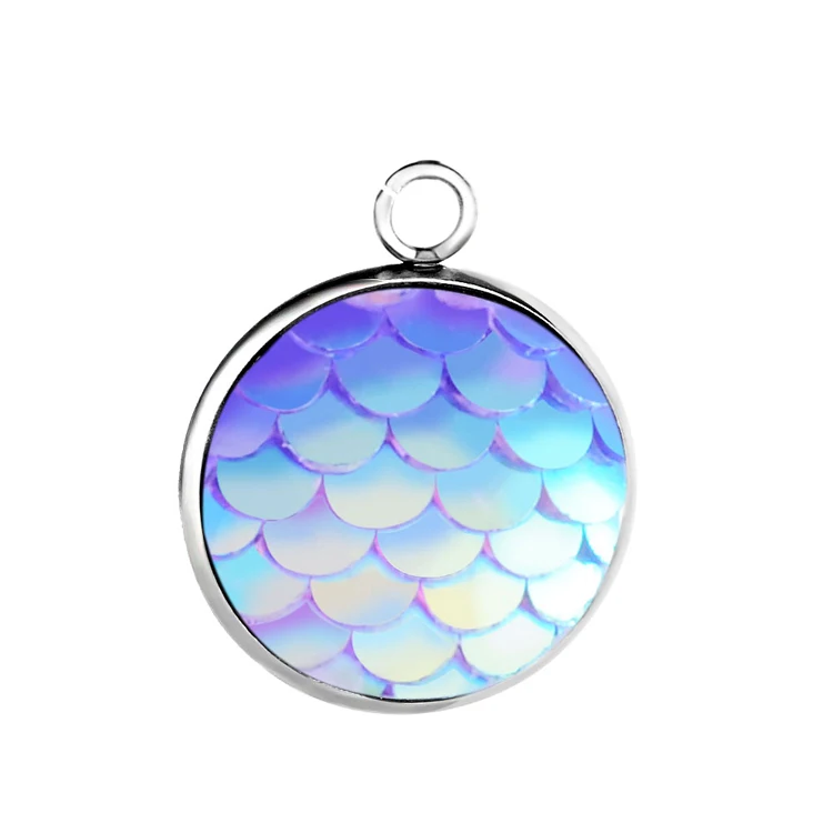 

16mm Jewelry Making Stainless Steel Resin Fish Scales Mermaid Pendant Round Charm For Necklace And Bracelets, 12 colors