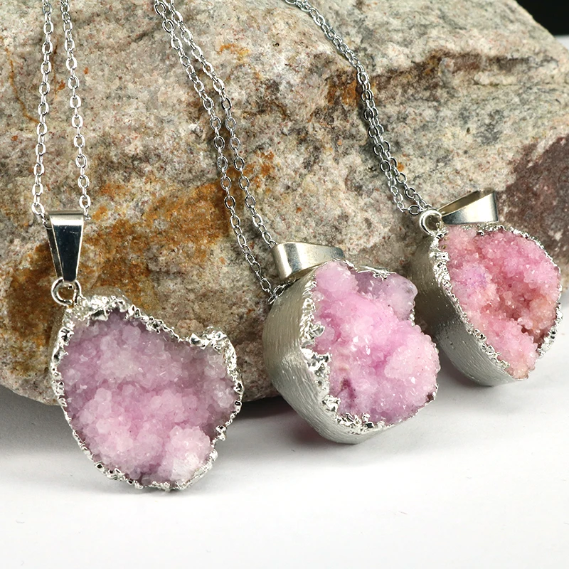 

NE2513 Fashion gold plated Pink Quartz Druzy Druzzy Pendant Necklace