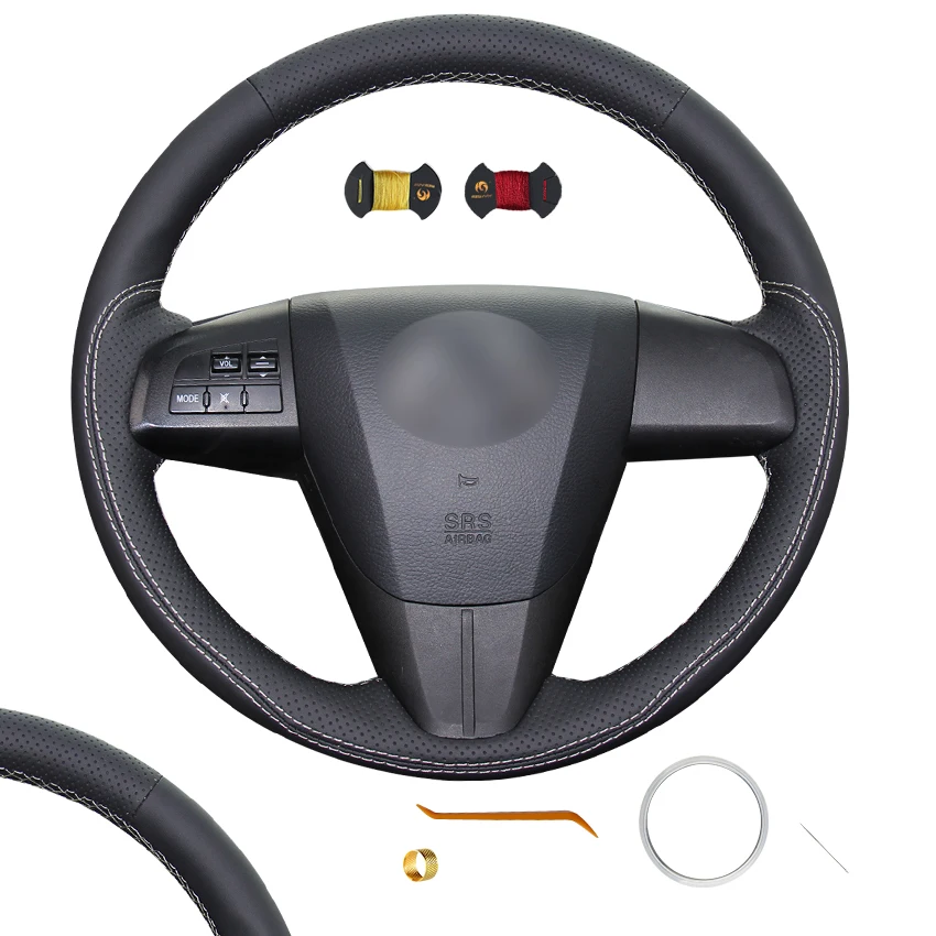 

Custom Black Leather Steering Wheel Cover White Thread for Mazda 3 Axela 5 CX-7 CX7 2008 2009 2010 2011 2012 2013 2014 2015 2016
