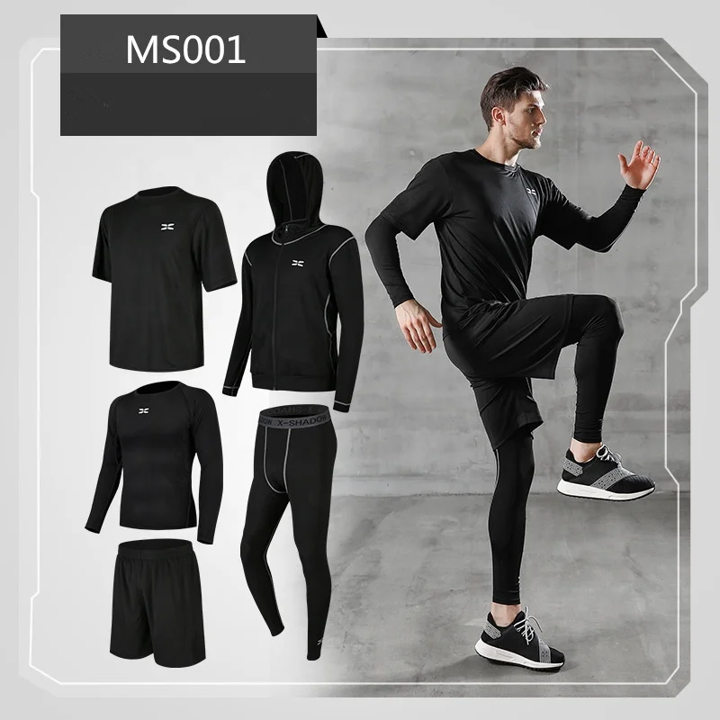 Quick Dry Fitness 5 in 1 Men Basketball Gym Jogging Tights Clothes Tracksuit Sportswear Set