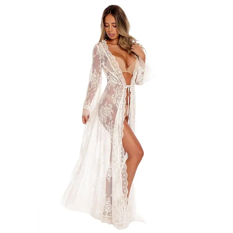 

L38622 Women Sexy Summer White Beach Vacation Open Front Lace Clothing Wear Lady Sheer See-Through Long Maxi Floral Embroidered