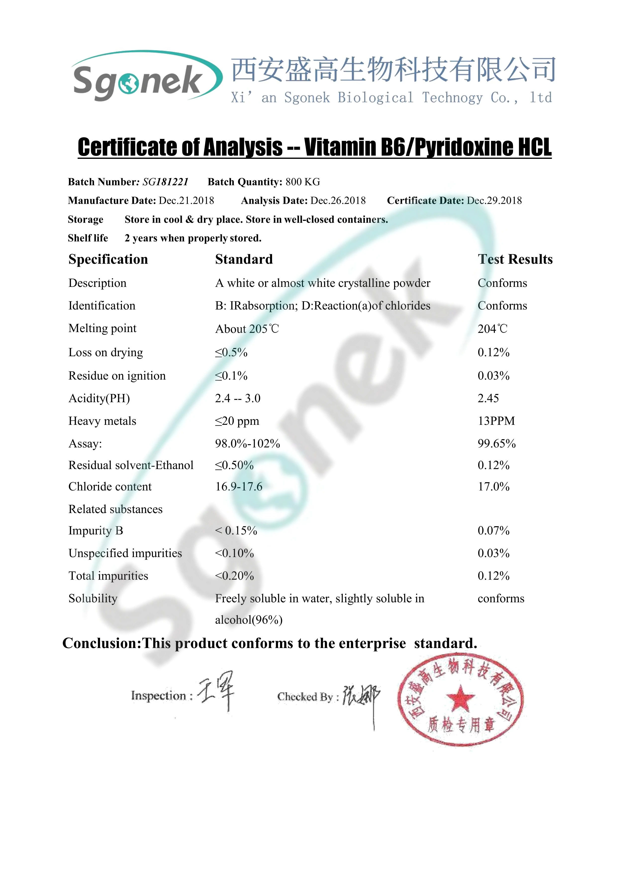 Vitamin B6/Pyridoxine HCL/Pyridoxine Hydrochloride CAS:65-23-6