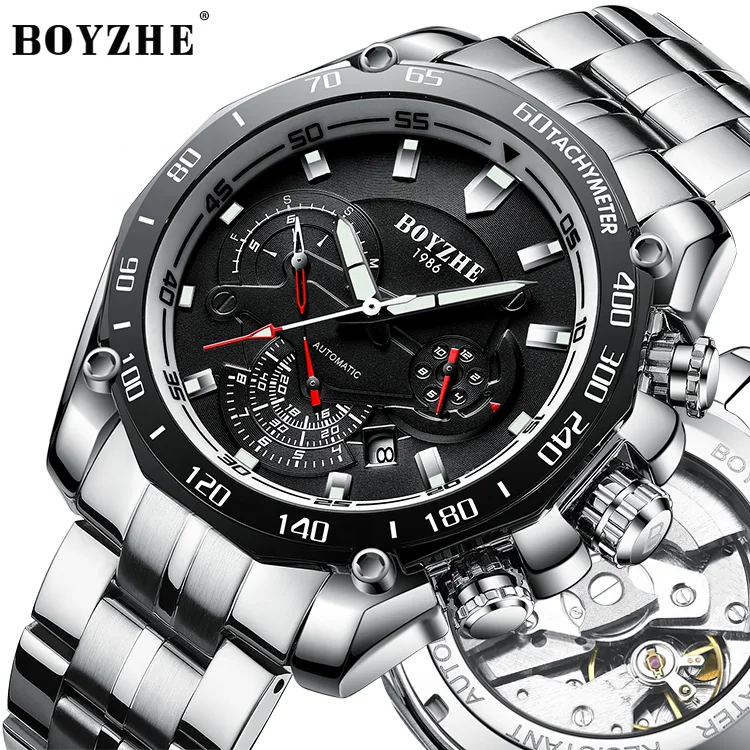 

BOYZHE Fashion Design Black Dial Week \ Time Full Automatic Mechanical Tourbillon Mechanical Watch Tourbillon Men Watch