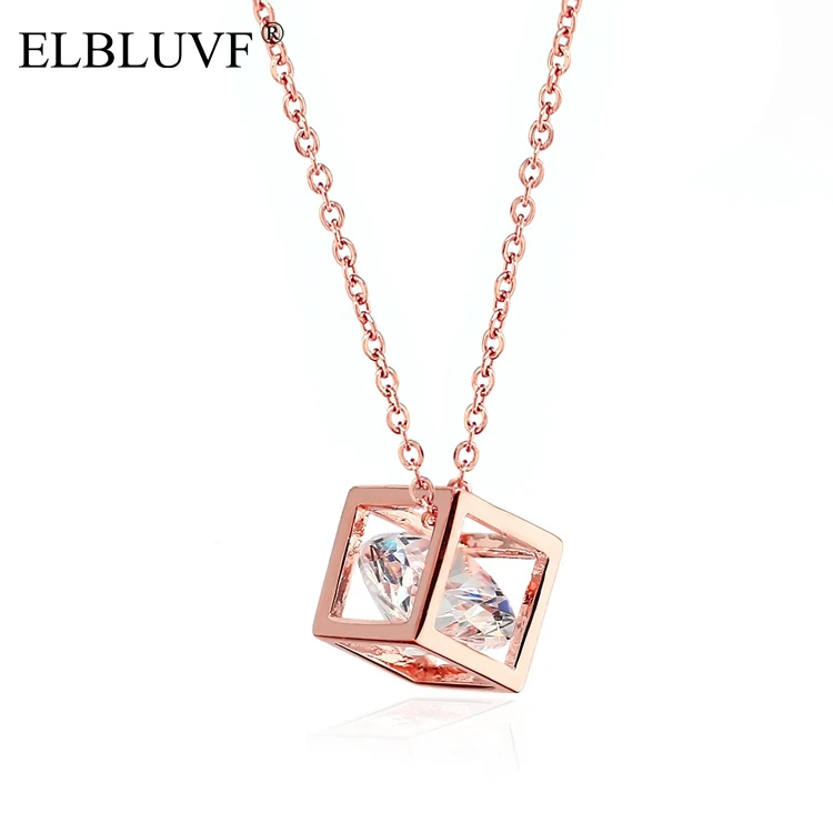 

ELBLUVF 316 Stainless Steel Rose Gold Plated Cube Square Cz Happiness Necklace