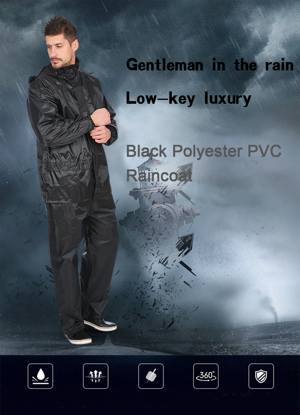High Quality Raincoat Black Color 170t Polyester Mens Reflective Double Layer Rainsuit With Mesh Lining