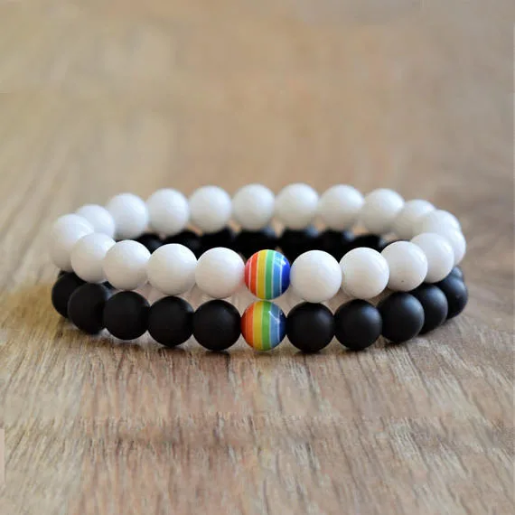 

BN5163 Fashion Rainbow with Black White Beads Equality Bracelet,Rainbow Couple His and Her Bracelet