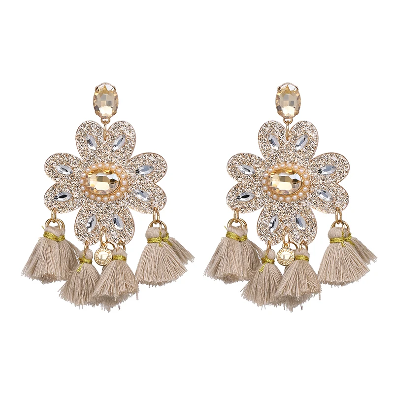 

JuJia Stock Bohemian Ethnic Women Earrings Shine Crystal Paillette Flower Tassels Dangle Drop Earrings For Women, Picture