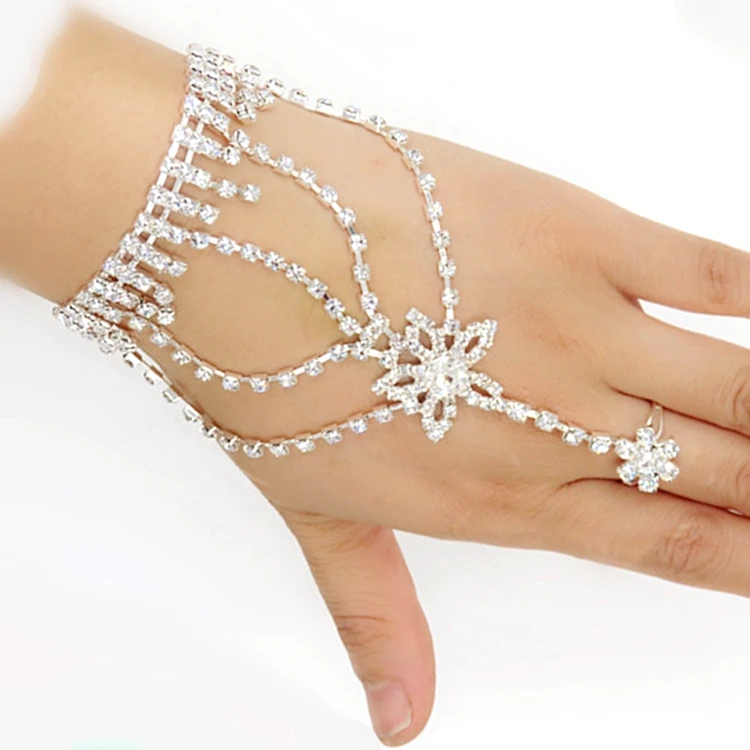 

Wholesale Luxury Pave Crystal Flower Shape Mesh Alloy Designs Bridal Jewelry Exotic Indian Finger Chain Ring Bracelets, Clear