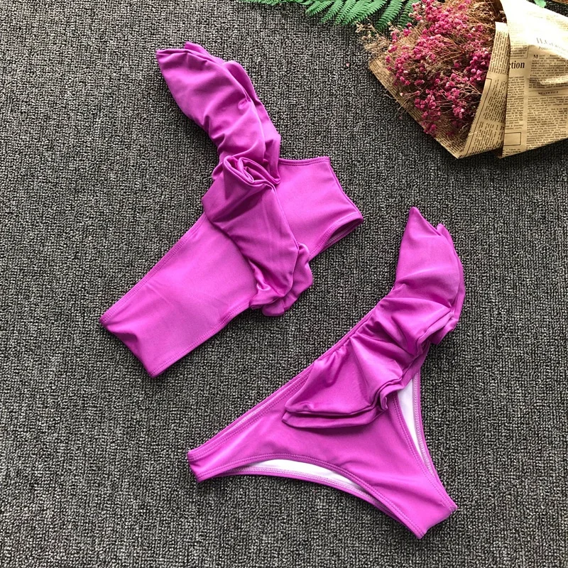 

B23565A Pure color bikini lotus leaf swimwear Sexy bikini one-shoulder swimsuit