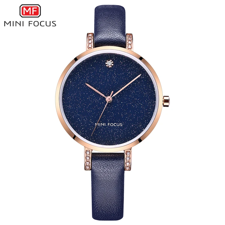 

MINI FOCUS 0159 L Elegant Ladies Diamonds Blue Leather Women Watches Luxury Quartz Girl Fashion Watch Wristwatch for Sister