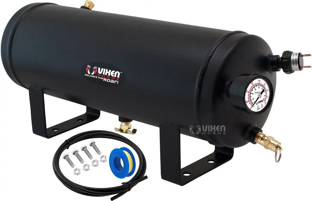 Vixen Horns 1.5 Gallon (5.6 Liter) 6 Ports Train/Air Horn Tank System/Kit 150 PSI with Gauge,Pressure Switch,Drain and Safety Valve,Compression Fitting,Male Plug,Hose,Thread Sealant VXT1500
