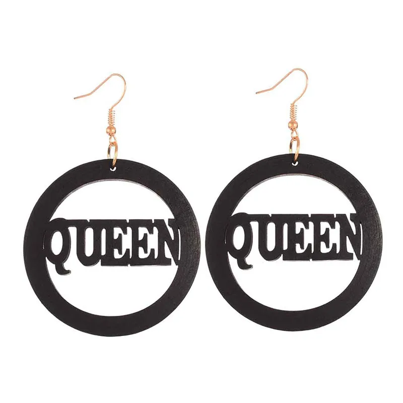 

Natural Wood Africa Black Afro Hollow Out Queen Letters Round Earrings Vintage Party Club Jewelry Wooden Bohemia DIY Accessory, Picture