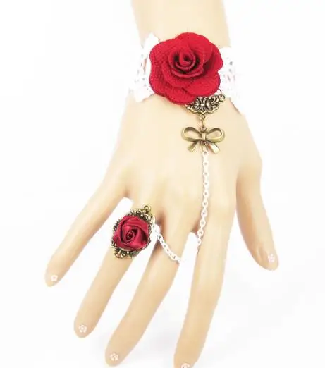 

White Lace Red Flower Rose Slave Bracelet with Ring Bow Lolita Sexy