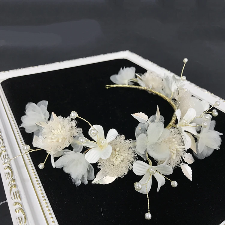 

Feminine style fairy embellished bridal hair vine chiffon flowers headpiece custom jewelry headdress bridal voile lace headdress