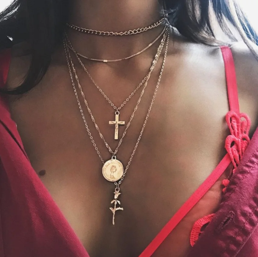 

Artilady Boho Multi-Layered Coin Pendant Necklace for Women Rose Pendant Cross Long Chian Necklace Jewelry, Gold