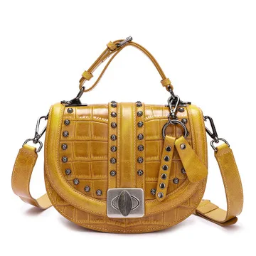 

Women Hand bag Real Leather 2019 Spring Full Grain Cow Leather Shoulder Bags Ladies Fashionable Rivet Yellow Saddle Handbags