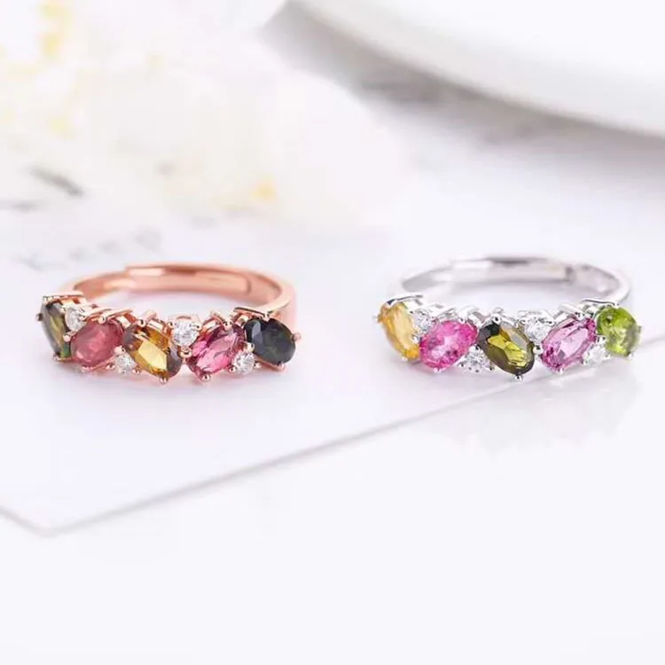 

925 sterling silver jewelry natural colorful tourmaline female flexible adjustable finger rings