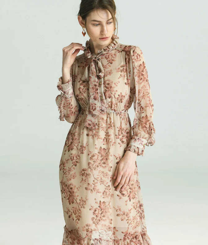spring and summer new European and American women Beautiful mist pink bow long sleeve silk dress