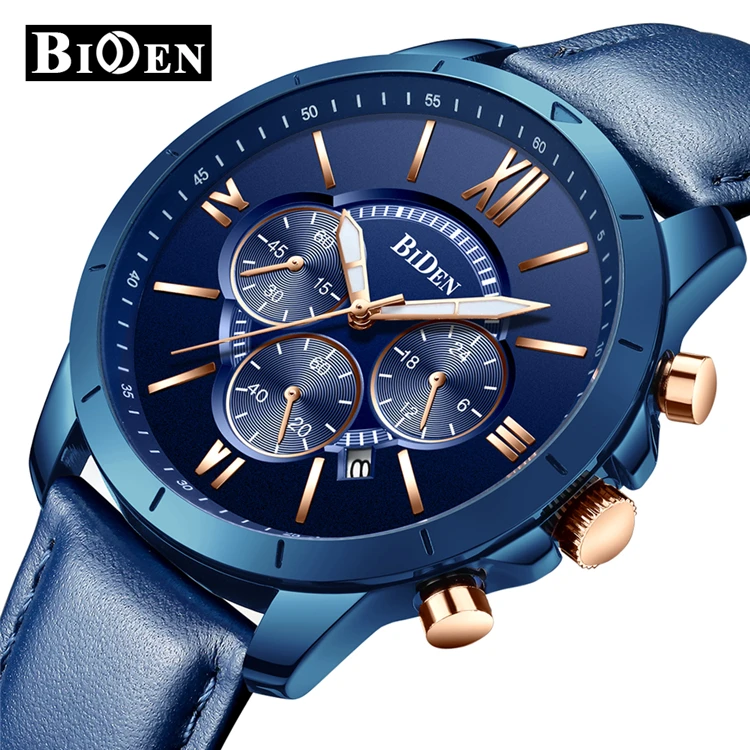 

BIDEN 0158 Multifunction brand men wristwatch quartz blue genuine leather waterproof men's watches 2019