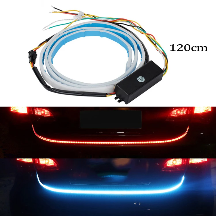 

DRL flexible 120cm Flowing Led Strip Light with Turn Signals 4 Modes Led Trunk Warning Tail Lamp Strip Waterproof with 335 LED, Red+ ice blue