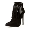 2017 New Pointed Toe Tassels Sexy High Heels Shoes Women Custom Ankle Boots with Studs