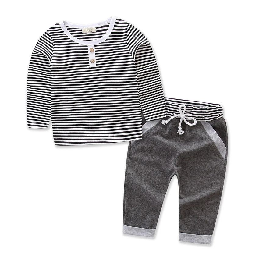 

2pcs Set Baby Boys Clothing Sets Striped Casual Top Pants Baby Boy Clothes Suits Toddler Kids Tracksuit, As picture