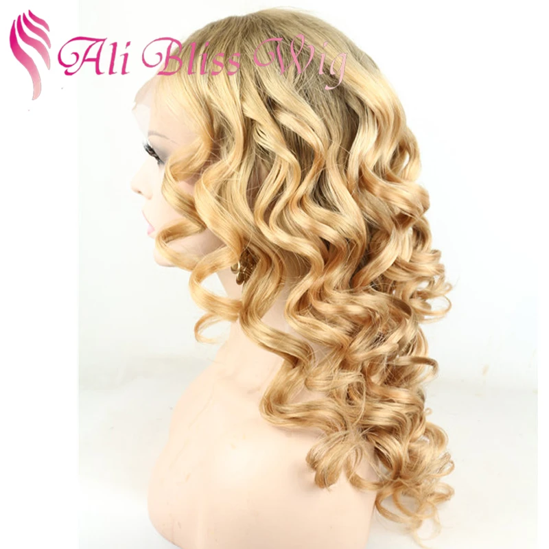24 Inch Long Brazilian Human Hair Ombre Color Two Tone Light Brown Roots 613 Blonde Curly Full Lace Wigs for White Women