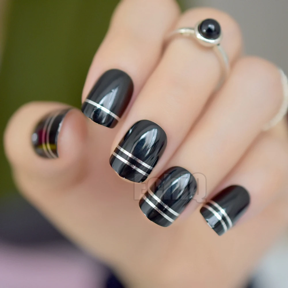 

Classic Black French False Nail Tips for Finger Full Cover  with Silver Line Nail Art Acrylic UV Nails Manicure Tool