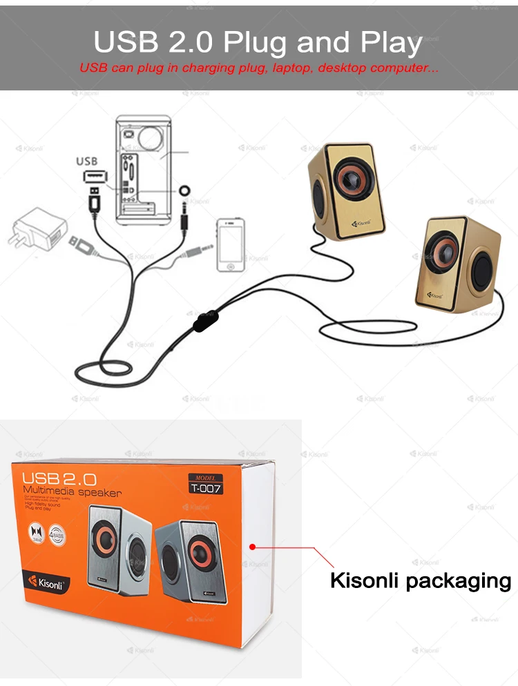 Kisonli Portable Mini Computer Multimedia Woofer Mid Bass USB 2.0 Speaker