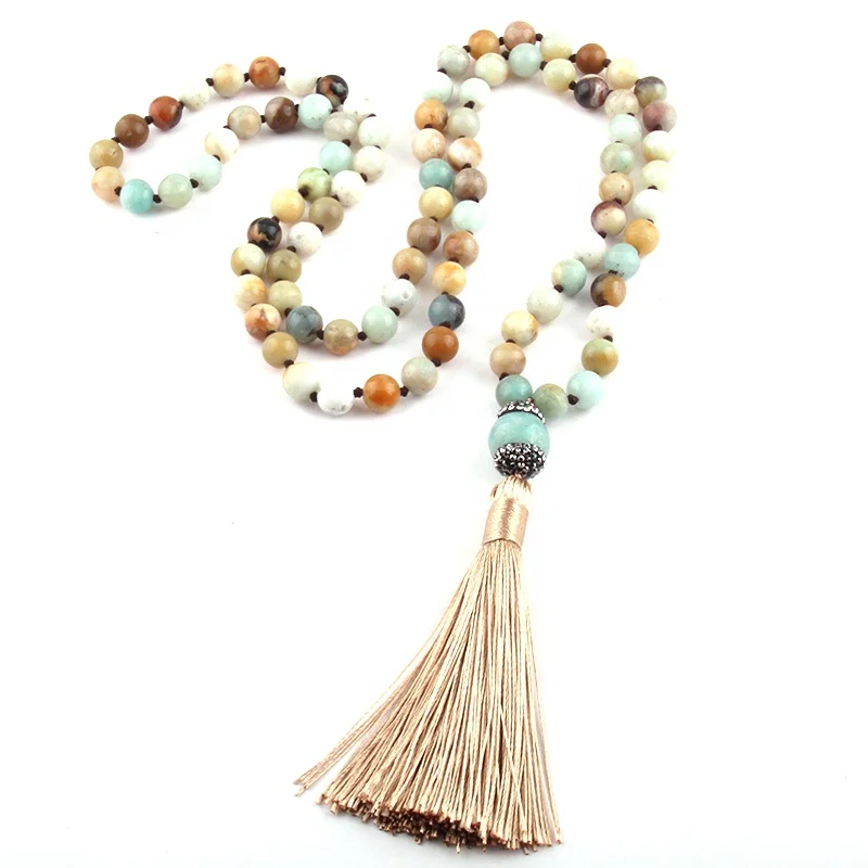 

Fashion Women Statement Elegant Natural Stone Knotted Handmade Paved Tiger Eye Amazonite Stone Tassel Necklace