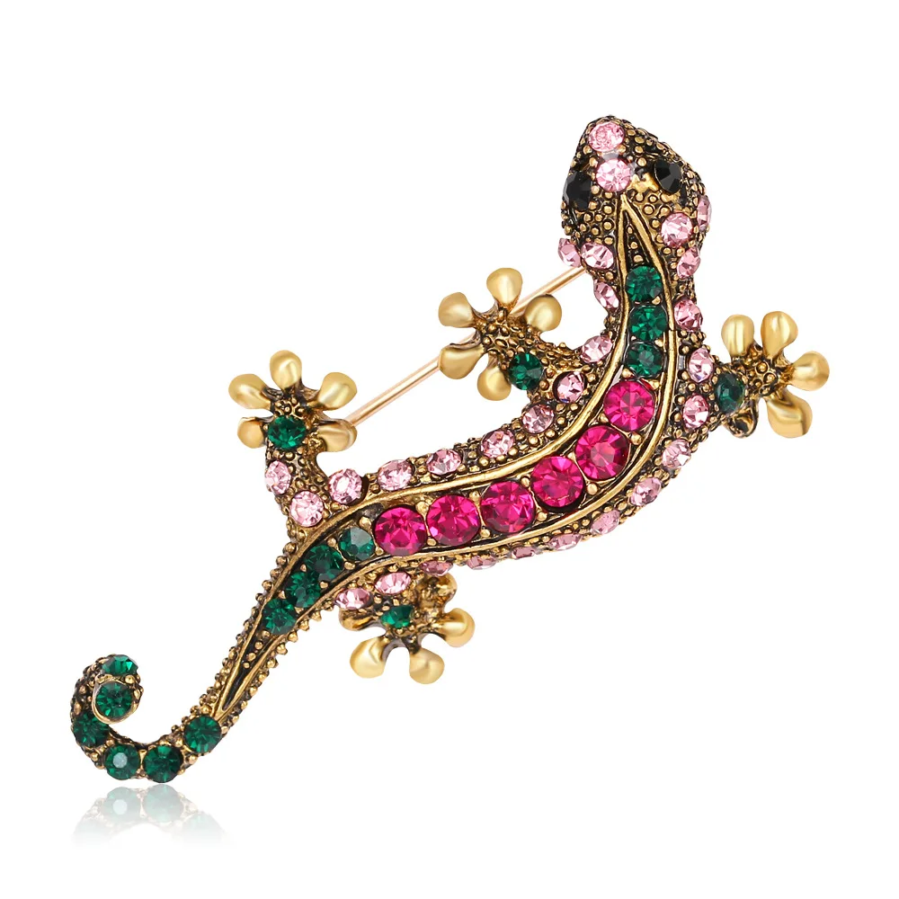 

Antique miao jewelry multi color crystal gecko pin brooch