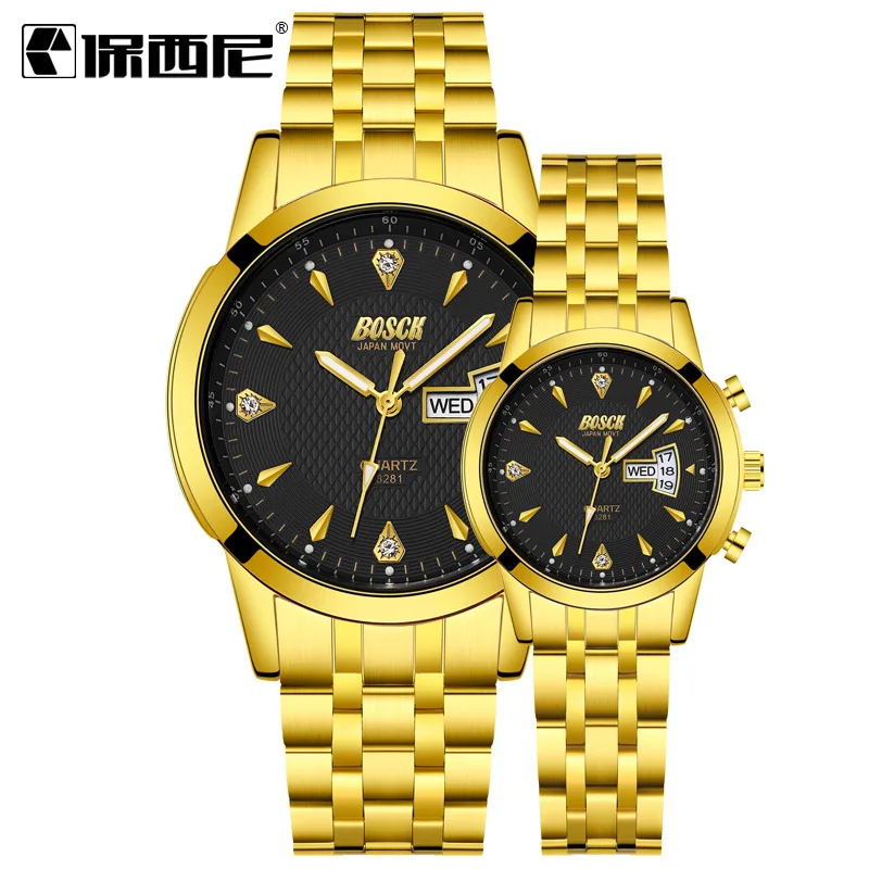 

Bosck 8281 Luxury Brand Couple Classic Fashion Gold Plated Band Stainless Steel Back Waterproof Japan Movt Quartz Wrist Watch