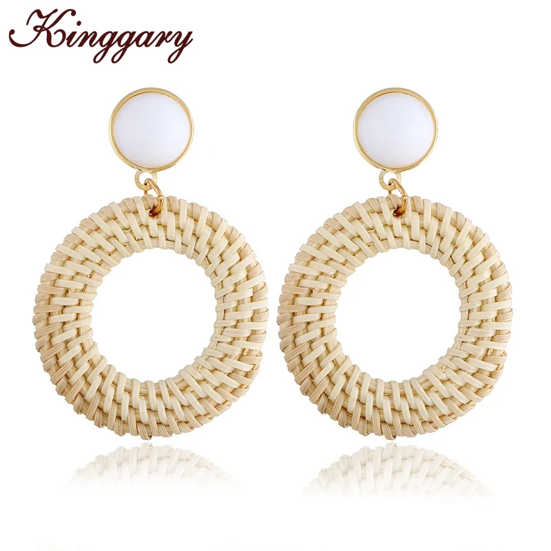 

2019 new hot sale rattan round wicker circle handmade lady bamboo woven earrings for women gifts