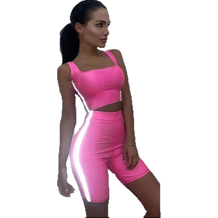 

Side Stripe Reflective Set Sexy Women Two Piece Outfits Crop Top and Biker Shorts Club Neon Matching Sets, Shown