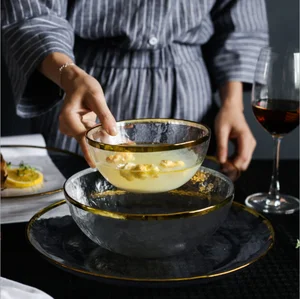 Image of Gold Rim 760 ml Clear Glass Salad Bowl