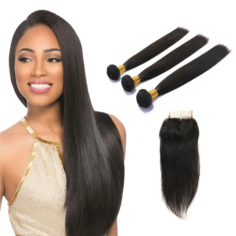 

100 Human Hair Extension Bundles With Closure, 10A Grade Straight Peruvian Human Hair Products For Black Women