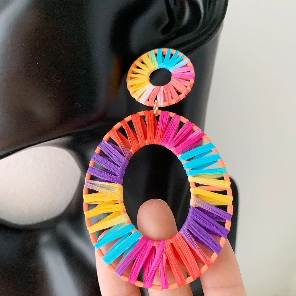 

New Bohemian Dyed Color Lafite Woven Earrings for Women Hollow Alloy Segment Statement Earrings 2019 Oversized Geometric Jewelry