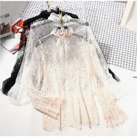 

Women's Lace Ruffled Transparent Blouse Shirt Long Sleeve Crochet Black Spring Shirts Women Summer Sexy Blouses And Tops