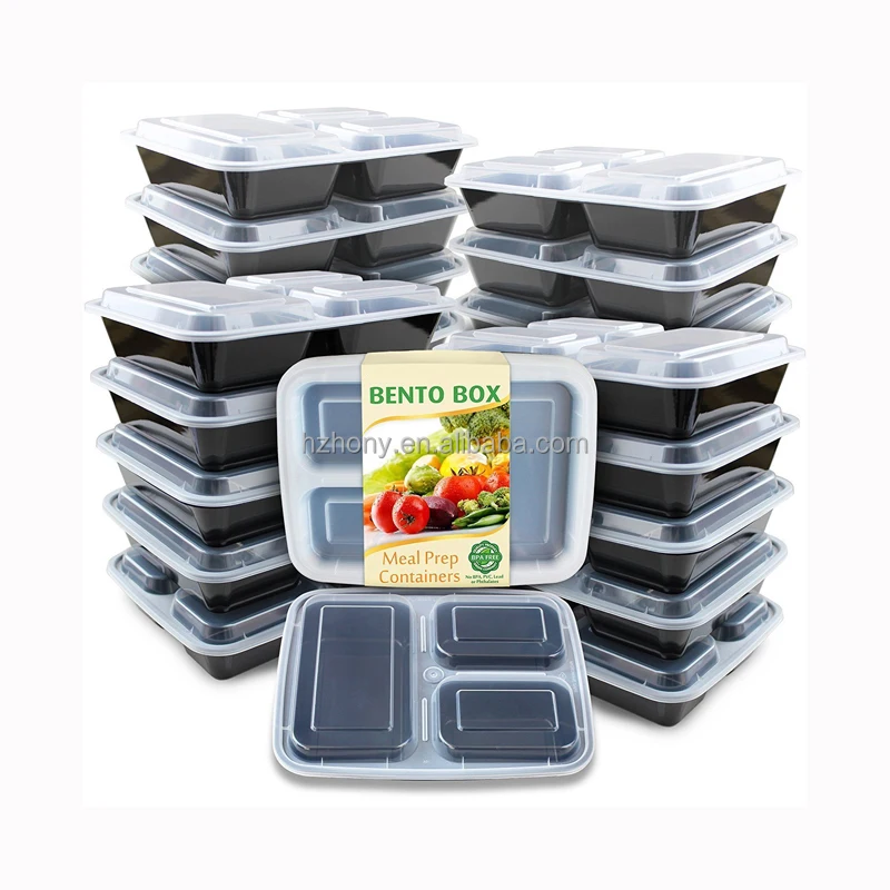 

Meal Prep Containers 3 Compartment with Lids Food Storage Bento Lunch Box BPA Free Reusable Microwave Dishwasher Freezer Safe, Black