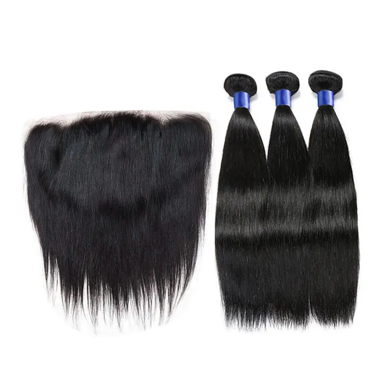 

real human hair brazilian straight hair weave 4 bundles with frontal closure
