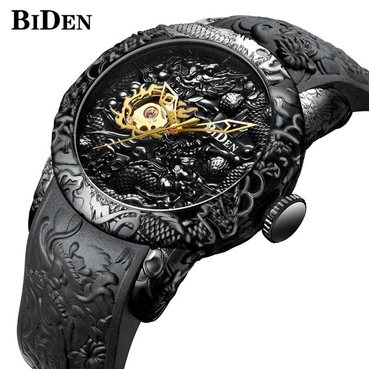 

BIDEN 0129 2 Brand Steampunk Series Black Dragon Skeleton Clock Silicone Strap Men's mechanical Watch Waterproof