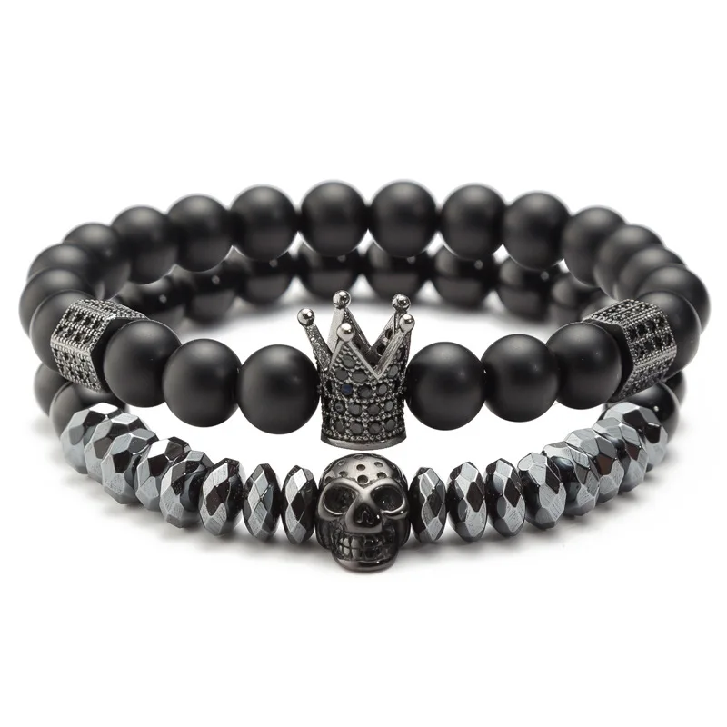 

AliExpress Best Selling Handmade Jewelry Couple Bracelet 2Pcs/Set Natural Stone Micro Pave CZ Crown Skull Bracelet, Black