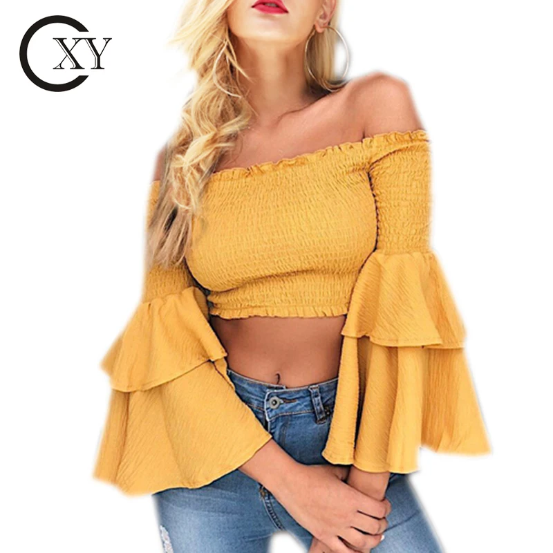 Custom Ladies Off Shoulder Slash Neck Ruffles Long Butterfly Sleeve Backless Elastic Crop Tops 