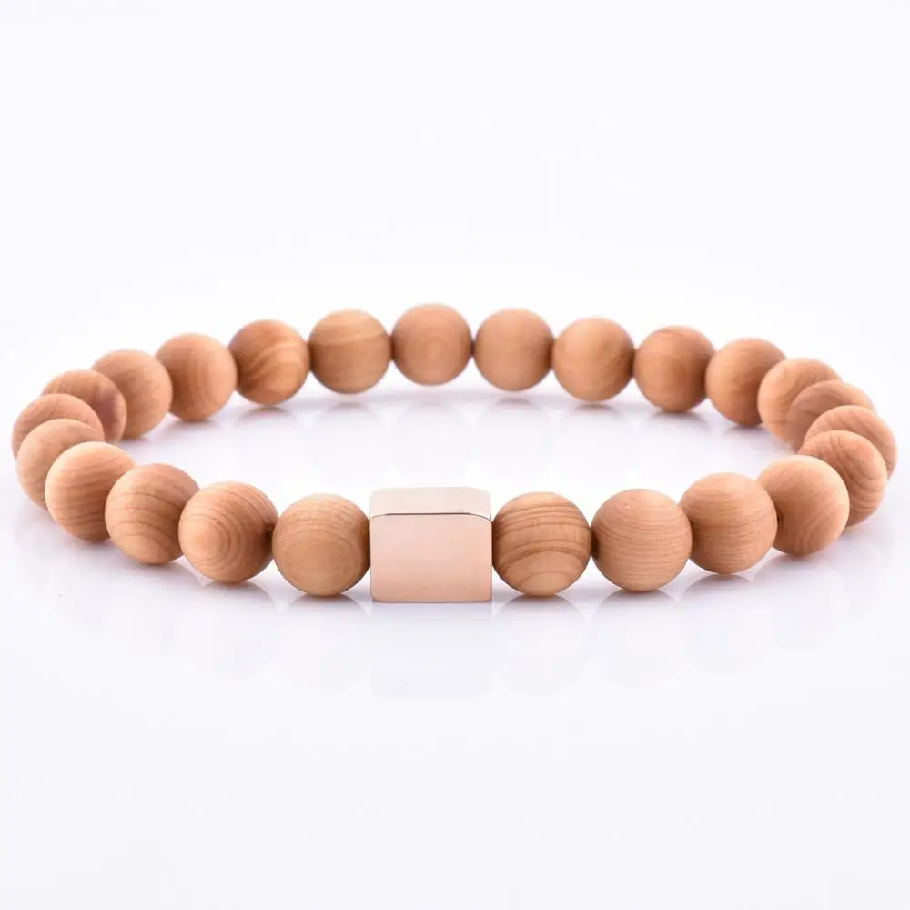 

High Polishing Rose Gold Charm Cedarwood Wood Bead Charm Bracelet For Women&Men