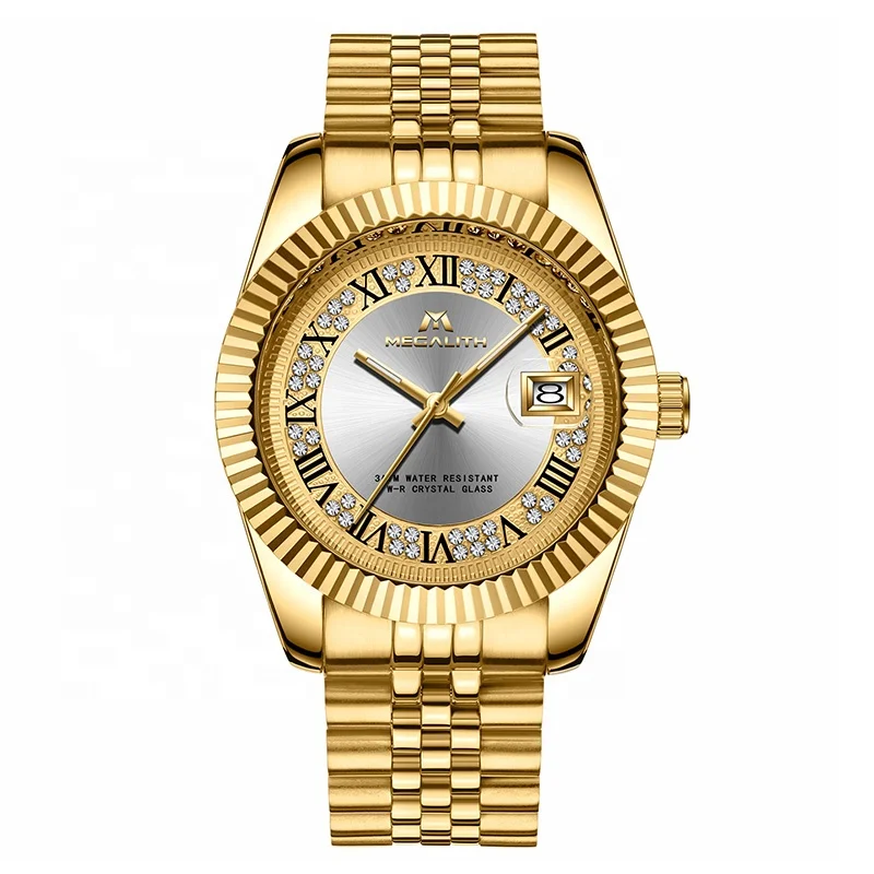 

MEGALITH factory wholesale japan movt diamond dial quartz watch waterproof date western gold plated wrist watch Montre homme