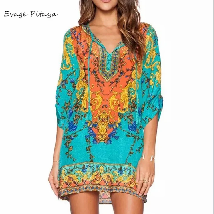 

Chiffon Green Deep V Neck Pattern printing Bohemian Long Sleeve Custom kaftan beach cover up, Mixcolors