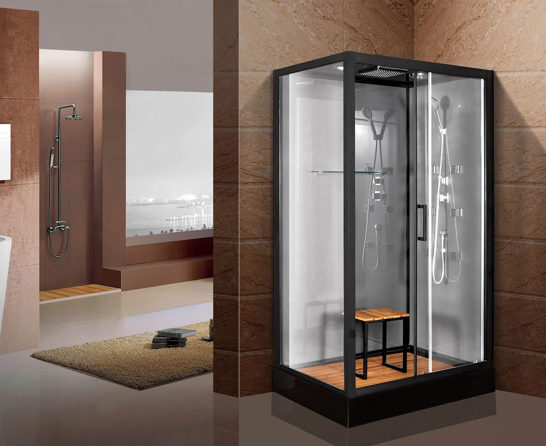 
black painted aluminum framed enclosed cubicle shower door cabin with one seat for the old 