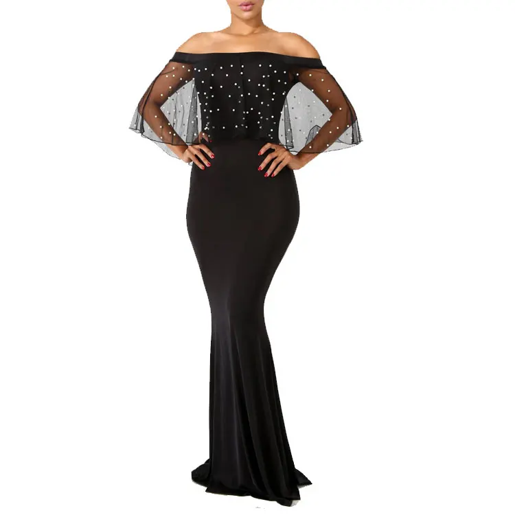 

80622-MX27 off shoulder evening dress for women pearl nail design