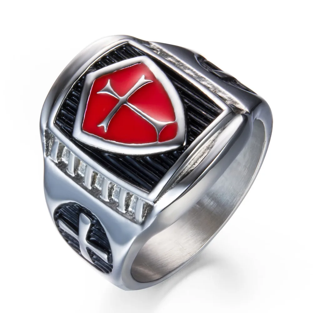 

Stainless Steel Red Armor Shield Knight Templar Crusade Cross Signet Ring Medieval Signet Vintage, Picture